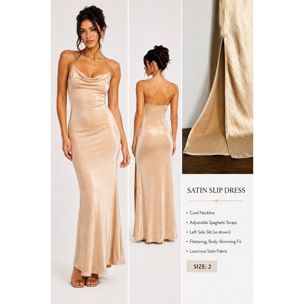 Princess Polly Women's Satin Champagne Maxi Slip Dress Cowl Neckline Size 2 Slit